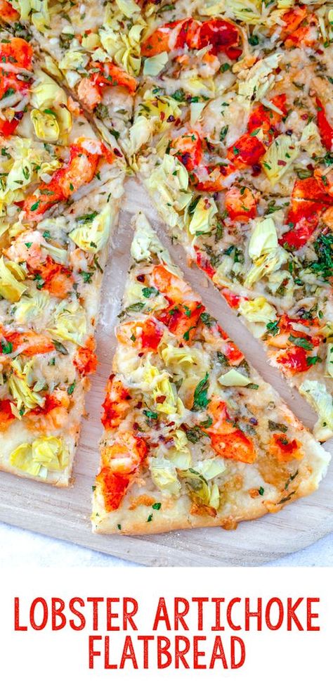 Lobster Artichoke Flatbread -- Lobster is delicious right out of the shell, but this Lobster Artichoke Flatbread will make you realize that lobster is amazing on pizza, too! | wearenotmartha.com #lobster #flatbread #pizza #artichokes Seafood Flatbread, Lobster Flatbread, Artichoke Flatbread, Seafood Tapas, Lobster Pizza, Pasta Entrees, Pizza Ideas, Pizza Sandwich, Lobster Recipes