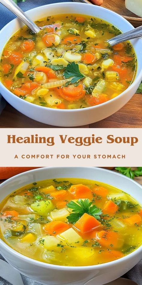 Healing Vegetable Soup: A Comfort for Your Stomach Ingredients: For the Soup: 1 onion, finely chopped Olive oil 2 leeks, sliced 2 celery stalks, diced 1 carrot, diced 1 red bell pepper, diced 1 zucchini, diced 2 potatoes, diced 2 cloves garlic, minced 1 chili pepper, finely chopped Salt and black pepper to taste Thyme, to taste 1 liter vegetable broth Fresh parsley, chopped #Veggie #Soup Vegtable Soup Recipes, Recipe Using Zucchini, Creamy Zucchini Soup, Homemade Vegetable Soup, Zucchini Soup Recipes, Healing Soup, Celery Recipes, Carrot Soup Recipes, Carrot Vegetable