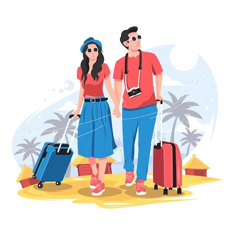 Vector tourist couples with travel bags ... | Premium Vector #Freepik #vector #people-travel #tourist #travel-man #travel-girl Bags Illustration, Nanak Jayanti, Photo Cake Topper, Bag Illustration, Travel France, Guru Nanak, Instagram Background, France Photography, Planner Scrapbook