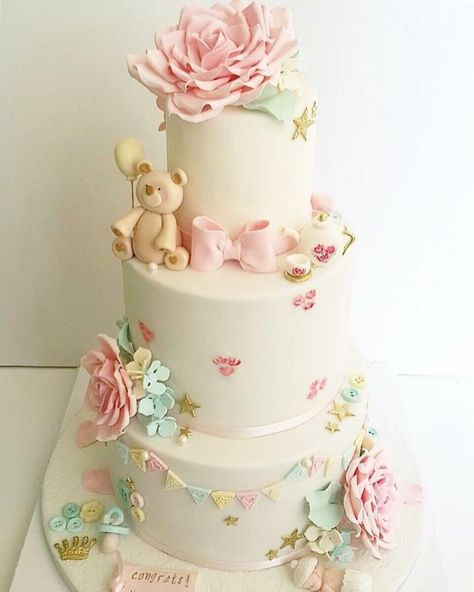 Baby Shower Cake by Shafaq's Bake House                                                                                                                                                                                 More Torturi Baby Shower, Girl Shower Cake, Pink Baby Shower Cake, Baby Shower Cakes Girl, Baby Shower Vintage, Baby Cakes, Girl Cake, Baby Shower Food, Baby Shower Cake