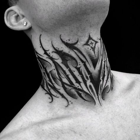 Geometric Throat Tattoo, Full Neck Tattoos, Oni Tattoo, Throat Tattoo, Torso Tattoos, Saved Tattoo, Muster Tattoos, Alien Tattoo, Neck Tattoo For Guys