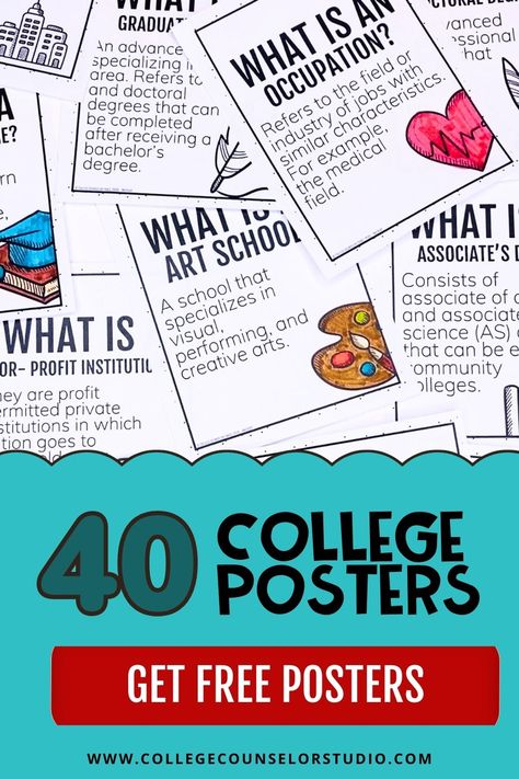 Download these free posters to create a dynamic college and career center in your classroom! Perfect for your college and career bulletin board, these posters will inspire and motivate students to dream big and plan for their futures. From college aspirations to career goals, these posters are the perfect addition to any educational setting. College And Career Bulletin Board, College And Career Center, Post Secondary Planning, Career Bulletin Boards, College Ministry, College Advising, College And Career Readiness, College Bulletin Boards, College Counselor