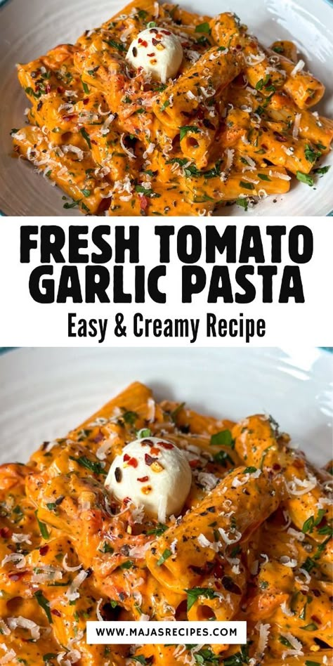 This creamy tomato garlic pasta is a simple yet delicious dish that’s perfect for weeknight dinners! The rich tomato sauce is infused with garlic and cream, making it flavorful and comforting. It’s quick to whip up, and you can customize it with your favorite veggies or proteins for an easy fall meal. Perfect for a cozy night in or a family dinner, be sure to save this creamy pasta recipe for when you need something comforting and quick! Tomato Garlic Rigatoni, Creamy Tomato Garlic Pasta, Creamy Garlic Tomato Pasta, Quick Easy Pasta Meals, Roasted Garlic And Tomato Pasta, Dinner Ideas Yummy, Creamy Pasta Recipes Without Heavy Cream, Spicy Creamy Tomato Pasta, Elicoidali-pasta Recipes