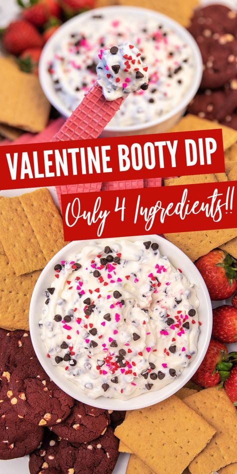 4 Ingredient Valentine Booty Dip Recipe Dips Dessert, Easy Valentines Snacks, Dip Dessert, Valentines Food Dinner, Valentines Party Food, Dessert Dip, No Bake Recipe, Valentines Snacks, Dessert Platter