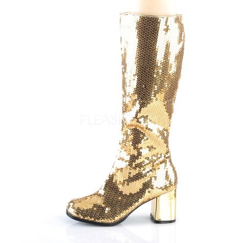 Glitter and glamour never go out of style, so why not take advantage of the absolutely eye-catching design of this boot and let the gold sequins covering the entire upper do all the talking! Reaching just under the knee and featuring a chrome block heel, the Gold Sequin Boot is perfect for every disco costume and party outfit where standing out is the aim of the game! With the thousands of shimmering silver sequins covering the shoe catching the light every time you move, you’ll be the center of Alternative Shoes, Pleaser Heels, Single Sole Heels, Vegan Style, Festival Shoes, Sequin Boots, Punk Boots, Pleaser Shoes, Gogo Boots