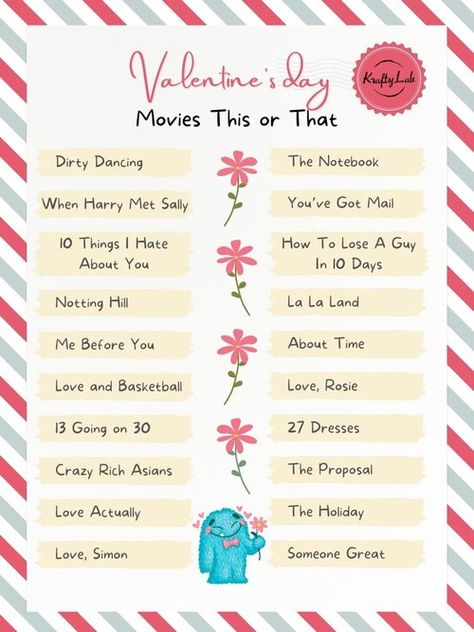 Valentine's Day Movie This or That for teams at work Valentines This Or That, Team Building Ideas, Movie Trivia Questions, Funny Games For Groups, Valentines Movies, Valentine's Day Party Games, Rather Questions, Valentines Games, Would You Rather Questions