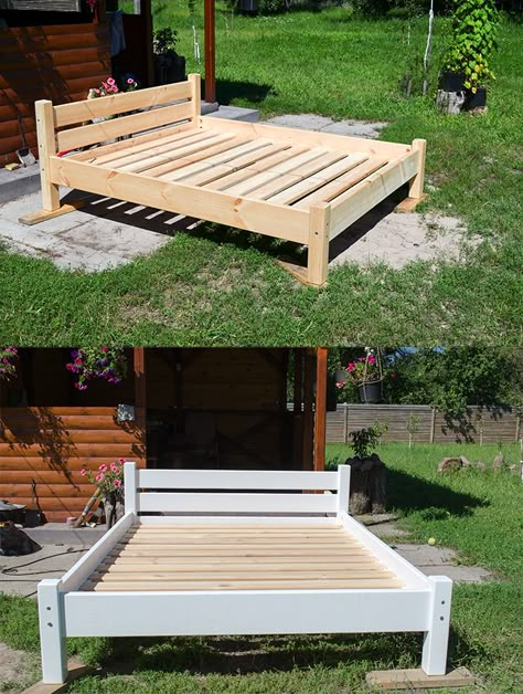 Simple Full Size Bed Frame Diy, Elevated Bed Platform, Diy Seng, Diy Platform Bed Frame, Diy Bed Frame Easy, Wood Bed Frame Diy, Farmhouse Bed Frame, Pine Wood Furniture, Reclaimed Wood Beds