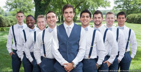 Summer navy blue groomsmen suit with suspenders and bowties Destination Wedding Groomsmen Attire, Destination Wedding Groomsmen, Suit With Suspenders, Navy Blue Groomsmen, Outfits For Big Men, Blue Groomsmen Suits, Navy Groomsmen, Blue Groomsmen, Groomsmen Suspenders