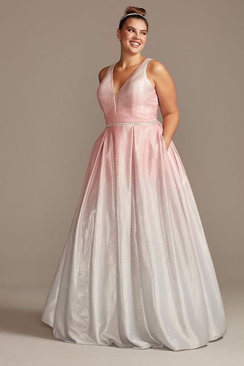 Glitter Ombre Deep-V Plus Size Gown with Crystals | David's Bridal Plus Size Gown, Ombre Wedding Dress, Prom Trends, Plus Size Ball Gown, Extra Dress, Prom Dresses Under 100, Prom 2020, Plus Size Gowns, Crystal Belt