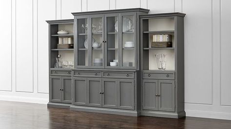 Crate & Barrel Cameo 4-Piece Modular Grey Glass Door Wall Unit: Media Console, Hutch with Glass Doors, Modular Left and Right Storage Bookcases. Glass Door Wall, Glass Shelf Supports, Glass Shelves Kitchen, Basement Storage, Grey Storage, Open Bookcase, Modular Furniture, Shelf Styling, Bookcase Storage