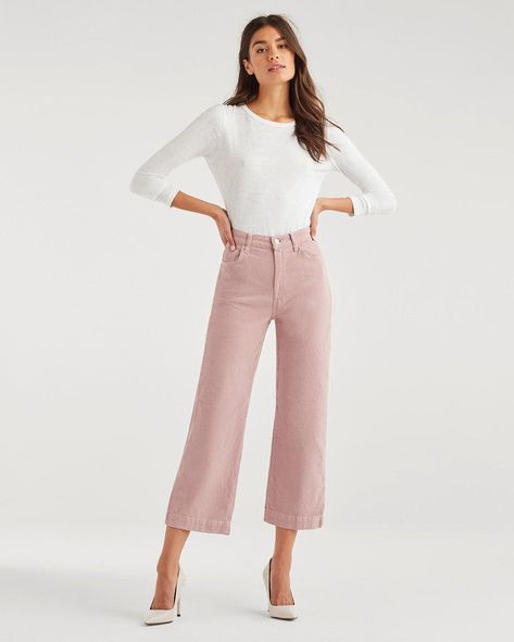 Cropped Alexa Vintage Cord in Dusty Rose | 7 For All Mankind Dusty Rose Pants Outfit, Jean Rose, Boyfriend Cut Jeans, Style Inspiration Boho, Rose Jeans, Classic Pants, Flare Leg Jeans, Girls Tees, Wide Leg Denim