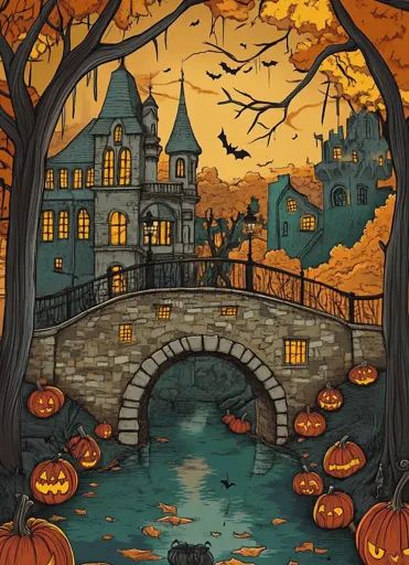 ↑↑↑ Larger size on website 🔸 The image depicts a spooky and charming Halloween scene with a stone bridge arching over a dark, flo Flowing River, Tower Stand, Stone Bridge, Halloween Scene, Fallen Leaves, Landscape Drawings, Halloween Celebration, Miniature Garden, Children's Book Illustration