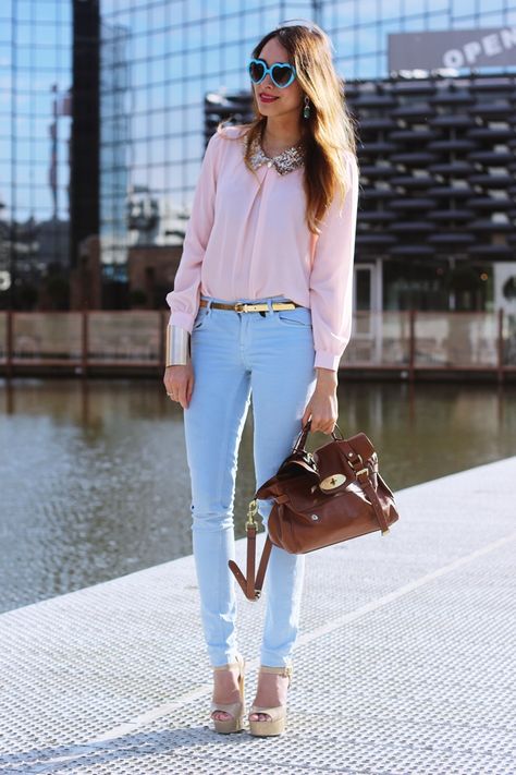 Light Blue Blouse Outfit, Blue Pants Outfit Ideas, Light Blue Pants Outfit, Blue Blouse Outfit, Blue Pants Outfit, Blue Dress Outfits, Pants Outfit Ideas, Light Blue Pants, Baby Blue Dresses