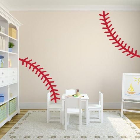 Sports Madness with Wall Decals Blog Post | Wall Decal World Baseball Theme Room, Baseball Wall Decor, Sports Bedroom, Baseball Bedroom, Sport Bedroom, Sports Wall Decals, Baseball Room, Baseball Wall, Baseball Stitch