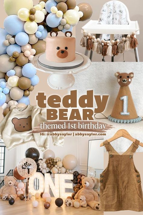 teddy bear themed first birthday party inspiration board First Birthday Neutral, Bear First Birthday Party, Teddy Bear Birthday Theme, Teddy Bear First Birthday, Teddy Bear Picnic Birthday Party, Teddy Bear Birthday Party, Teddy Bear Birthday, First Birthday Pictures, Bear Birthday Party