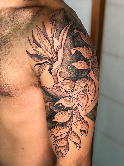 @sofiameinberg Tropical Tattoo Sleeve For Men, Hawaiian Foliage Tattoo, Mens Tropical Tattoos, Plant Tattoo Sleeve Men, Men’s Tropical Tattoo, Tropical Tattoos Men, Plant Tatoos Man, Male Plant Tattoo, Botanical Tattoo Sleeve Men