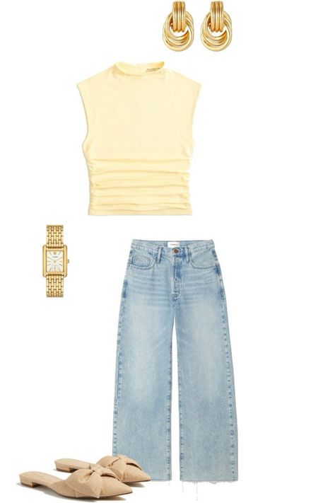 Yellow top from Abercrombie, wide leg jeans / light wash jeans from frame, watch from Tory Burch, earrings from Amazon, and flats from Tuckernuck. Summer outfit. Jeans outfit. Yellow outfit. Work outfit. Country concert outfit. Work wear. Work shoes. Outfits summer. Outfits for Italy. Outfits with jeans. Outfit advisor.  Follow my shop @maggierussell1 on the @shop.LTK app to shop this post and get my exclusive app-only content!   fashion inspo | fashion outfits | fashion aesthetic | outfit ideas | clothes for women | luxury aesthetic | minimalist | chic | old money aesthetic | coastal granddaughter | vacation outfits | European outfits | clothing pictures | young adult style | blazer outfit | linen outfit | pearls | necklace | revolve | fashion icon | fashion design | clothes design | clea Light Yellow Outfit Ideas, Light Yellow Top Outfit, Yellow Concert Outfit, Yellow Top Outfit Aesthetic, Tuckernuck Summer, Summer Outfits For Italy, Outfits For Italy, Yellow Top Outfit, Outfit Country Concert