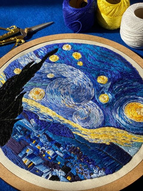 Starry Night Crochet, Star Crochet Bag, Van Gogh Embroidery, Crochet Bag Diy, Crochet Bag Tutorial, فنسنت فان جوخ, Crewel Embroidery Patterns, Star Crochet, Crewel Embroidery Kits