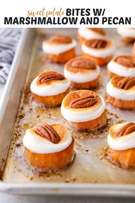 Sweet potato bites with marshmallows and pecans are a fun and delicious holiday appetizer or side dish. Veggie Thanksgiving Appetizers, Cute Holiday Appetizers, Friendsgiving Food Ideas Adults, Thanking Side Dishes, Sweet Potato Recipes Appetizers, Funny Thanksgiving Appetizers, Appetizer Recipes Kid Friendly, Fun Holiday Appetizers, Fall Small Bites