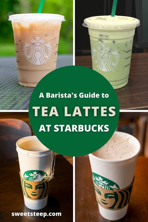 This Starbucks Tea Latte Guide shows all the types of tea lattes on the Starbucks menu, hot and iced. See what's available, from chai lattes to matcha green tea lattes, as well as seasonal drinks like the Pumpkin Spice Chai tea latte. #starbucks #starbucksdrinks #tea #latte #chai #chailatte #chaitea #icedchai #matcha #matchagreen #icedmatchagreen #londonfog #englishbreakfast #iced Iced Matcha Latte Starbucks Order, Matcha Latte Starbucks Order, Starbucks Matcha Green Tea Latte Recipe, Starbucks Iced Matcha Latte, Starbucks Iced Matcha, English Breakfast Tea Latte, Starbucks Matcha Green Tea, Matcha Latte Starbucks, Ice Tea Recipe