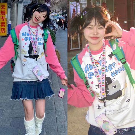 Pink And Blue Combo Outfit, Me In 10 Years Outfit, Retro Japanese Outfits, Jumino Core Clothes, Y2k Kawaii Outfits, Juminocore Clothes, Heisei Retro Outfit, Cute Core Outfits, Colorful Y2k Outfits