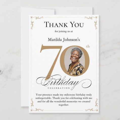 Gold Custom Photo 70th Birthday Thank You Card Editable Blank 70 Birthday, Baby Birthday Decorations, Birthday Hampers, Birthday Thank You Cards, Gold Birthday Party, Birthday Template, Gold Birthday, Birthday Decor, Birthday Thank You