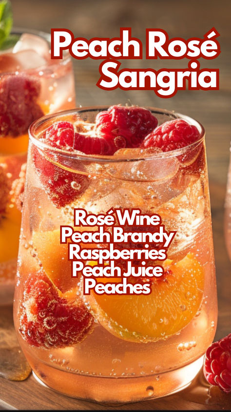 Summers call for a refreshing drink, and nothing quite hits the spot like Peach Rosé Sangria. This blend combines crisp rosé with the lush sweetness of peaches, a kick of brandy, and a burst of raspberries. The added fizz of sparkling water makes it an absolute favorite on hot days. #peachrosésangria via @mybartender Peach Rose Sangria, Rosé Sangria, Rose Sangria, Cocktail Drinks Alcoholic, Peach Sangria, Mixed Drinks Alcohol, Yummy Alcoholic Drinks, Peach Rose, Boozy Drinks