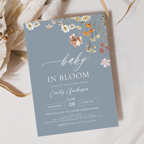 Dusty Blue Wildflower Baby in Bloom Baby Shower Invitation Wildflower Baby Shower, Gender Neutral Baby Shower Invitations, Baby In Bloom, Bloom Baby, Perfect Baby Shower, Gender Neutral Baby Shower, Baby Shower Invites For Girl, Free Birthday Invitations, Girl Shower