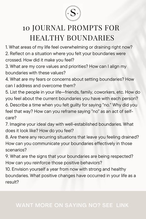 "Empower yourself with these 10 transformative journal prompts for setting healthy boundaries and mastering the art of saying 'no.' 🚀 Uncover insights, release people-pleasing tendencies, and reclaim your time and energy. ✨ Dive even deeper with the 'Art of Saying No' workbook from Simply Self Help. 📖🔒 #HealthyBoundaries #SayingNo #SelfEmpowerment #Workbook #JournalPrompts" Journal Prompts For Setting Boundaries, Journal Prompts For Boundaries, Boundaries Prompts, Healthy Boundaries Worksheets, Wellbeing Journal, Boundaries Worksheet, Boundary Setting, Journaling Tips, People Pleasing