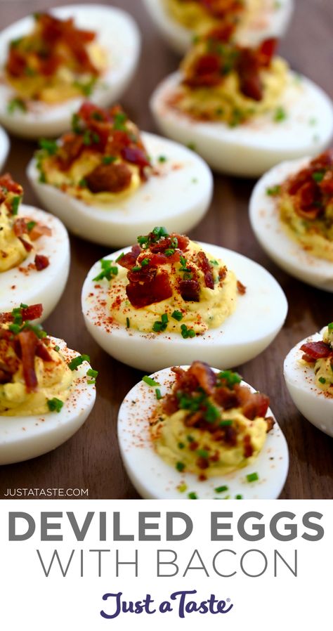 Deviled eggs topped with bacon crumbles and chopped fresh chives on a wood surface. Gourmet Deviled Eggs, Bacon Deviled Eggs Recipe, Deviled Eggs With Relish, Deviled Eggs With Bacon, The Best Deviled Eggs, Eggs With Bacon, Thanksgiving Deviled Eggs, Classic Deviled Eggs, Deviled Eggs Recipe Easy