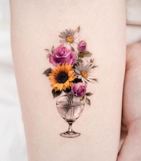 Vase Tatoos, Sunflower In Vase Tattoo, Sunflower Vase Tattoo, Vase Tattoo Color, Floral Vase Tattoo, Flowers In A Vase Tattoo, Flower In Vase Tattoo, Vase Of Flowers Tattoo, Flowers In Vase Tattoo