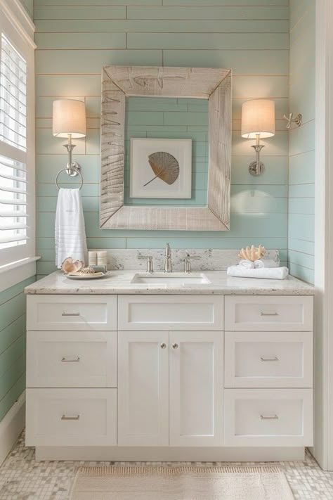 Coastal Powder Room Ideas, Teen Bathrooms, Beachy Bathroom, Teal Bathroom, Tropical Bedrooms, Bathroom Retreat, Themed Rooms, Shower Installation, Chic Lighting