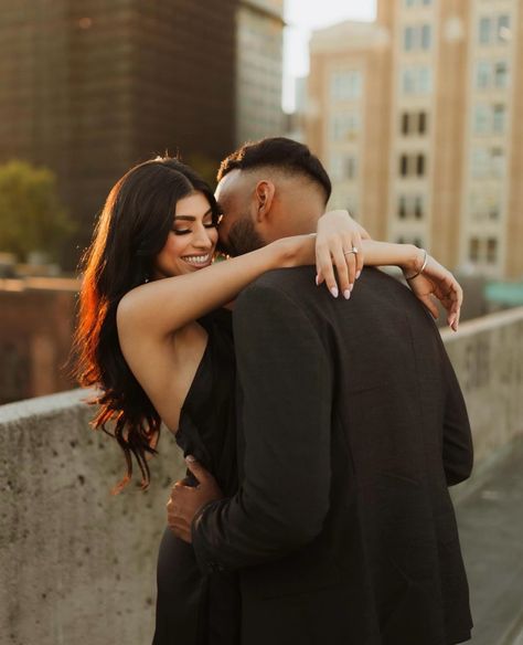 Couples Photoshoot Suit And Dress, Black Tie Photoshoot Couple, Formal Pre Wedding Photoshoot, Photoshoot Ideas Anniversary, Gorgeous Engagement Photos, Engagement Pics Champagne, Formal Anniversary Photo Shoot, Photo Ideas For Engagement, Engagement Photoshoot Black Dress