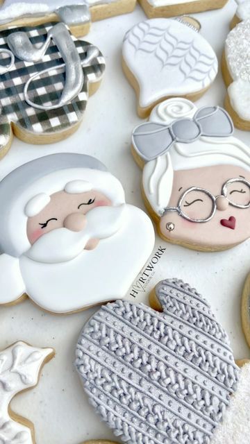 Santa Decorated Sugar Cookies, Santa Cookies Decorated, Xmas Sales, Christmas Cutout Cookies, Pastry Ideas, Shoe Cookies, Icing Transfers, Mrs Santa Claus, Cutout Cookies