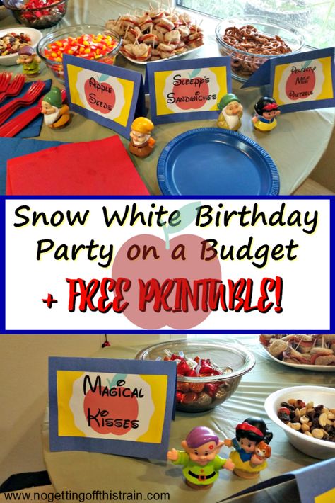 What a cute idea for a Snow White birthday party! Budget friendly food and decoration ideas plus a free printable! www.nogettingoffthistrain.com