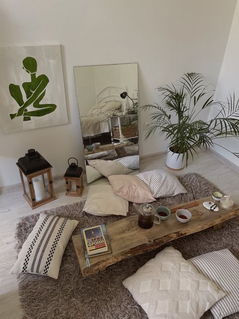 tea ceremony, a lot of pillows and chabudai table Tea Area In Bedroom, Healing Room Aesthetic, Tarot Room Aesthetic, How To Connect With Nature, Healing Spaces Interior, Meditation Room Aesthetic, Healing Aesthetic Photography, Chabudai Table, Crystal Corner