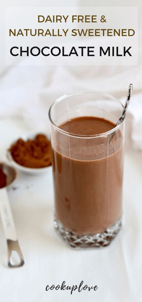 This Dairy Free & Naturally Sweetened Chocolate Milk only has 3 ingredients and takes less than 5 minutes to make! Soo creamy and delicious! Plant based, paleo, clean eating & vegan! • Cook up Love Sugar Free Chocolate Milk, Healthy Chocolate Milk, Chocolate Desserts Fancy, No Bake Chocolate Desserts, Milk Chocolate Recipes, Paleo Drinks, Clean Eating Vegan, Paleo Gluten Free Recipes, Dairy Free Snacks