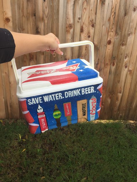 Save water drink beer painted cooler sent out to a customer in Ohio   To see more of our painted coolers or to purchase a sanded and primed cooler visit www.etsy.com/shop/collectivelyoasis  Follow us on Instagram for giveaways, promotions and offerings - @collectivelyoasis Beer Frat Cooler, Beer Cooler Ideas, Painted Coolers, Pike Cooler Ideas Fraternity, Painted Ice Chest, Frat Coolers Ideas, Decorated Coolers Fraternity, Painted Coolers For Guys Formal, Pike Frat Cooler