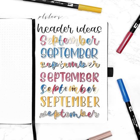 HEADERS✨ 6 creative September headers for you guys!🙋🏼‍♂❤ School started 2 weeks ago and it's very busy already! Urghhh..🙄 Anyway, hope you… September Header, Bullet Journal Header Ideas, Bullet Journal Headings, Bullet Journal Title Page, September Bullet Journal, Bullet Journal Titles, Header Ideas, April Bullet Journal, Bullet Journal Headers