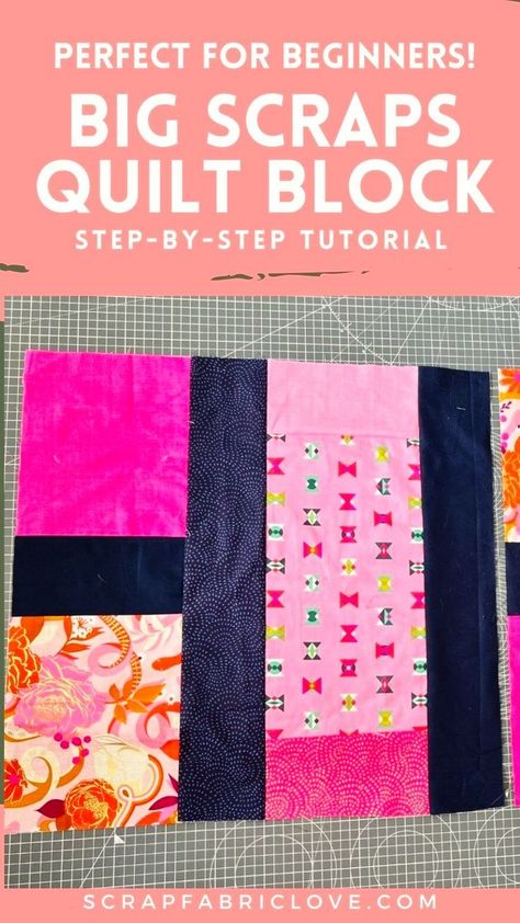 This is a super quick and easy large quilt block. It is 20.5″ x 20.5″ square and is perfect for using up leftover fabric – whether we are talking about bigger bits of scrap fabric or taking on a major stash-busting exercise to free up space in your sewing room! With no points to match this simple quilt block is ideal for beginner quilting and these big quilt blocks mean you can make a quilt top FAST. Get the quilt block pattern now! Simple Quilt Block, Scraps Quilt, Beginner Quilting, Simple Quilt, Christmas Quilt Blocks, Quilt Blocks Easy, Modern Quilt Blocks, Big Block Quilts, Log Cabin Quilt Blocks