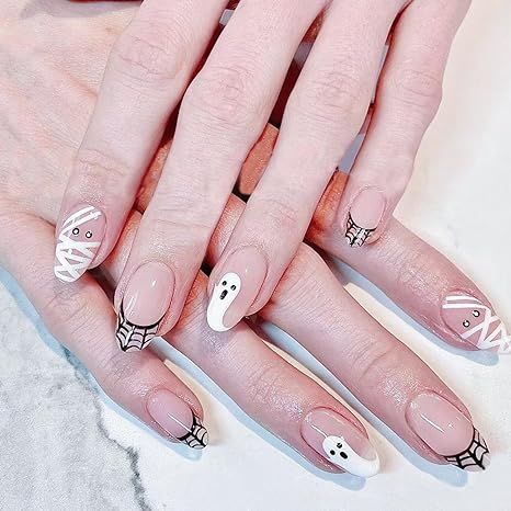 Fake Nails Glossy Ghost Spider Web Designs Glue on Nails Full Cover French Tip Acrylic Stick on Nails for Women Party Manicure! Party Manicure, Press On Nails Nude, Spider Web Pattern, French Tip Acrylics, Web Pattern, Halloween Press On Nails, Ghost Spider, Web Patterns, Short Almond