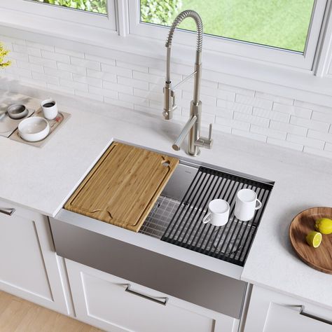 Kraus Kore Workstation 16 Gauge Stainless Steel Farmhouse Kitchen Sink & Reviews | Wayfair Stainless Steel Farmhouse Sink, Drop In Kitchen Sink, Apron Sink Kitchen, Sink Grid, Double Bowl Kitchen Sink, Single Bowl Kitchen Sink, Farmhouse Sink Kitchen, Sink Design, Undermount Kitchen Sinks