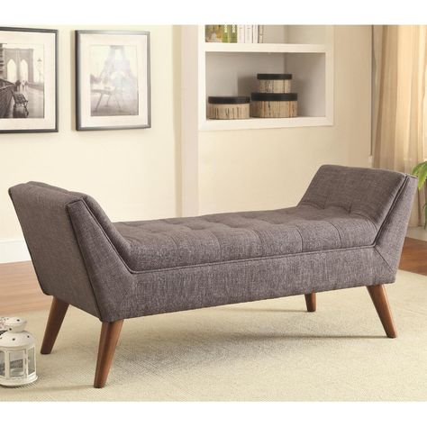 Retro Style Bench w/ Cushioned Padded Seats in Grey Linen Fabric Backless Sofa, Fireplace Bench, Upholstered Bench Bedroom, Fireplace Seating, Mid Century Bench, Grey Benches, Furnitur Ruang Keluarga, Decorating 101, Upholstered Bedroom