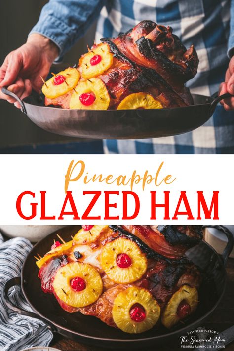 This old-fashioned Brown Sugar Pineapple Glazed Ham is an easy recipe that makes an impressive statement on a holiday table! The Southern baked ham with pineapple and maraschino cherries is the perfect combination of sweet and salty for a delicious dinner that feeds a crowd. There's a reason this retro classic has been a favorite since the 1950's! Baked Ham With Pineapple And Cherries, Ham Preparation, Ham With Pineapple And Cherries, Cherry Ham, Pineapple Honey Glazed Ham, Pineapple Glazed Ham, Ham With Pineapple, Baked Ham With Pineapple, Brown Sugar Pineapple