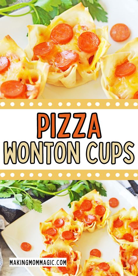 These easy Pizza Wonton Cups are so yummy, and make the perfect easy appetizer, after school snack, or even fun dinner idea! Won Ton Cup Recipes, Appetizer Recipes With Wonton Wrappers, Taco Wonton Cups Appetizers, Stuffed Wontons Appetizers, Won Ton Wrapper Recipes, Pizza Wonton Cups, Sausage Wonton Cups, Pizza Wontons, Wonton Pizza