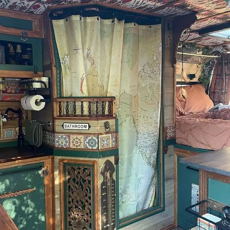 Bus House Aesthetic, Vintage Van Interior, Tiny Camper Interior Ideas, Cottagecore Tiny House Interior, Witchy Rv Remodel, Boho Rv Interior Design, Cottage Core Rv, Van Life Interior Ideas, Bus House Conversion