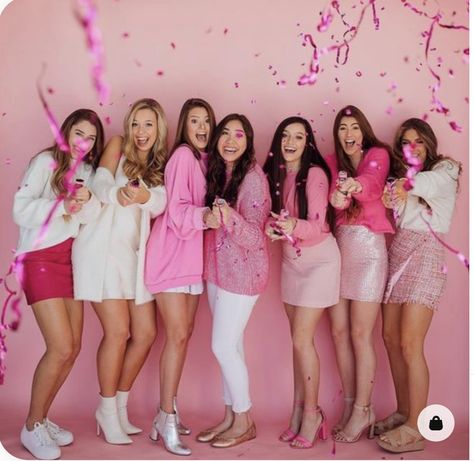 Pink Friend Photoshoot, Pink Photoshoot Ideas With Friends, Pink Photo Shoot Outfits, Galentines Group Photoshoot, Group Of 6 Photoshoot, Galentines Photoshoot Poses, Pink Group Photoshoot, Valentines Photoshoot Friends, Birthday Party Photoshoot With Friends