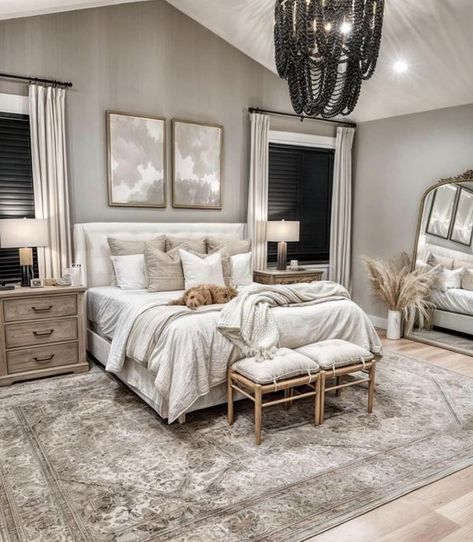 Black Accent Neutral Bedroom, Master Bedrooms Theme, Master Bedrooms Aesthetics, Master Bedrooms Decor Bed Between Windows, Grey And Beige Bedroom Ideas Cozy, Master Bedrooms Decor Chic, Master Bedrooms Decor Cozy White, Modern Master Bedrooms 2023, Unique Master Bed