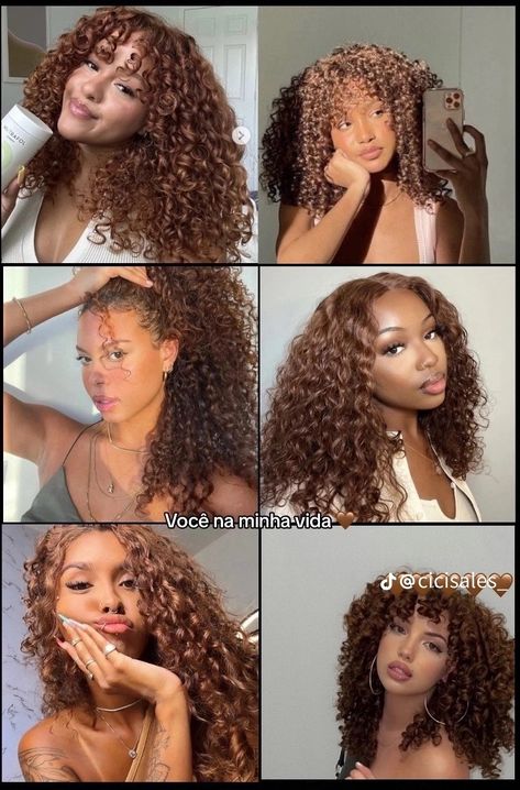 Cinnamon Hair Color Curly, 3c Hair Color Ideas, Curl Hair Dye Ideas, Curly Hair Esthetics, Brown Hair Colors On Curly Hair, Different Color Curly Hair, Curly Hair Color For Brown Skin, Curl Color Hair, Brown Copper Hair Color Curly