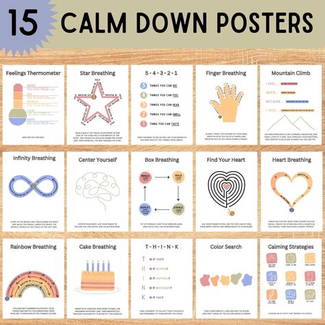 INCLUDES 15 DIFFERENT CALM DOWN MINDFULNESS POSTERS. The perfect addition or focus point to your classroom, calm down corner, therapy room, nursery, playroom, or library.  Included is a 15 page digital file that can easily be printed on standard 8.5'' X 11'' paper. I hope they helps bring extra joy, peace, and comfort to you on your trip around the sun!  🌎 Printable Details ☀️  * Size: 8.5x11 Inches * Instant Download: PDF File will be immediately available ⚠️If you have any questions or need h Calming Room Ideas High School, Kindergarten Calm Down Corner, Diy Calming Corner, Peace Corner Classroom Ideas, Calm Down Corner Home, Calm Down Poster, Calming Corner At Home, Classroom Calm Down Corner, Calm Down Corner Classroom